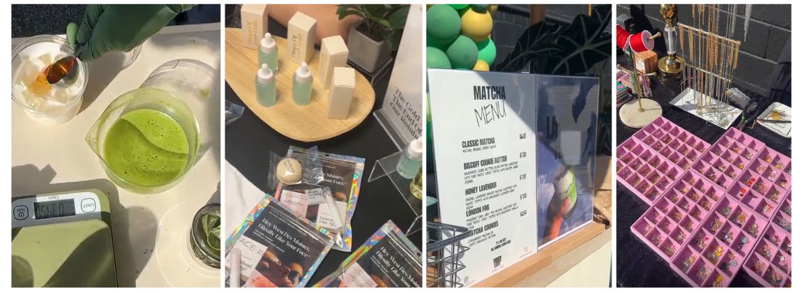 A four photo collage of matcha, beauty products, a menu